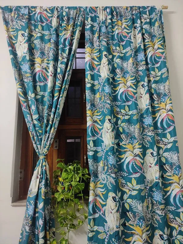 Teal_Tropical_Cotton_Curtain_Set:_Rainforest_Animal_Print