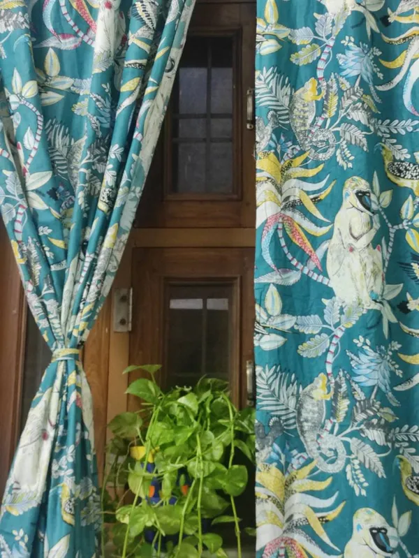 Teal_Tropical_Cotton_Curtain_Set:_Rainforest_Animal_Print
