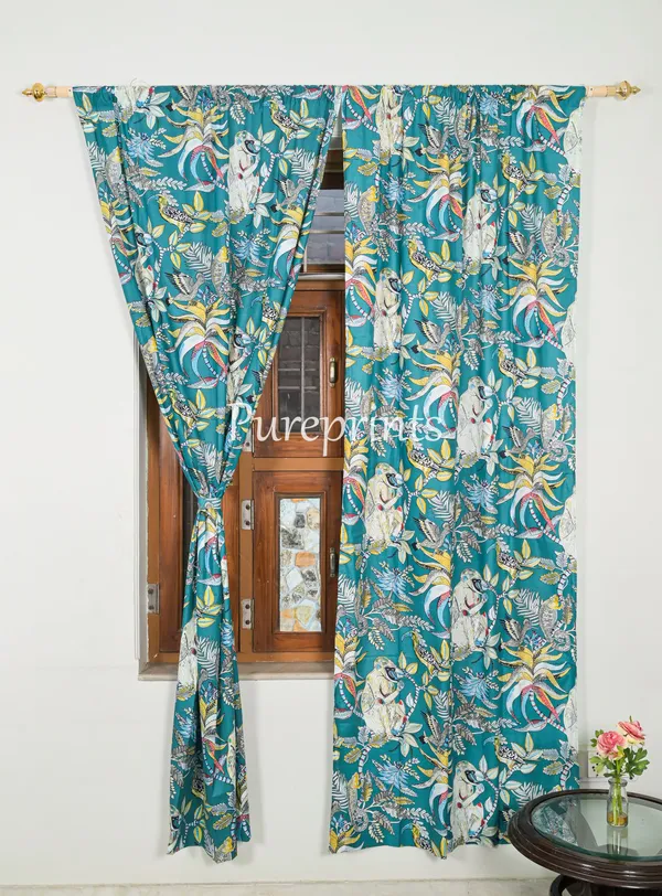 Teal_Tropical_Cotton_Curtain_Set:_Rainforest_Animal_Print