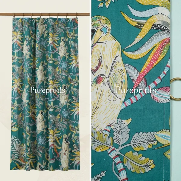 Teal_Tropical_Cotton_Curtain_Set:_Rainforest_Animal_Print
