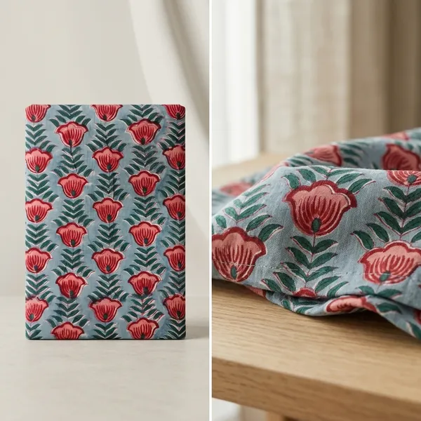 Hand_Block_Floral_Print_Fabric:_Grey_&_Red,_43-44"_Wide