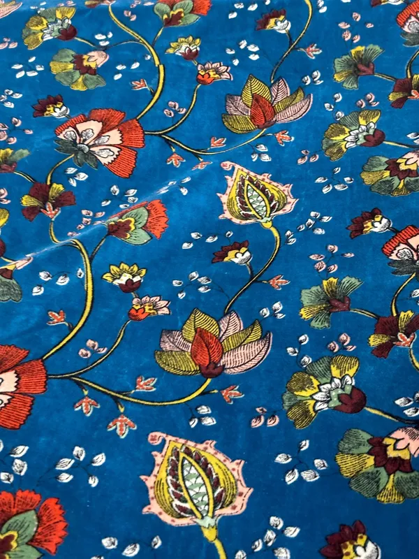 Hand_Printed_Cotton_Velvet_Fabric:_Teal_Floral_Upholstery,_Quilting_&_Decor