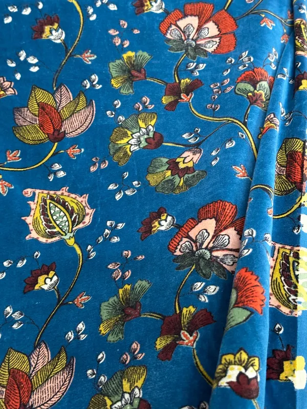 Hand_Printed_Cotton_Velvet_Fabric:_Teal_Floral_Upholstery,_Quilting_&_Decor