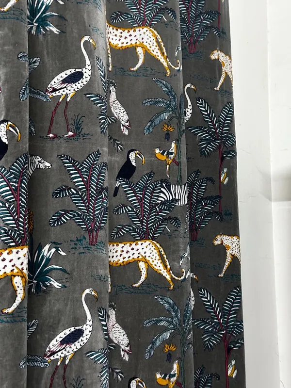 Vintage_Cotton_Velvet_Curtain:_Steel_Grey_Jungle_Print,_Boho_Style