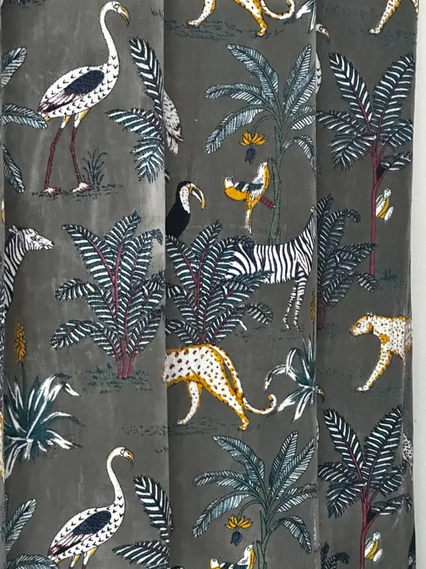 Vintage_Cotton_Velvet_Curtain:_Steel_Grey_Jungle_Print,_Boho_Style