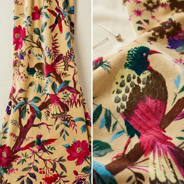 Luxury_Cotton_Velvet_Fabric:_Bird_Print,_Beige_Peach,_45"_Wide