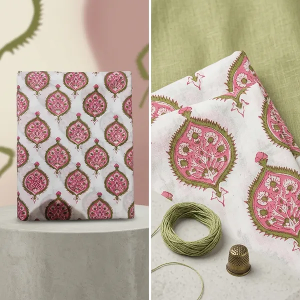 Hand_Block_Printed_Cotton_Fabric:_Mughal_Floral_Print,_Sewing_Material