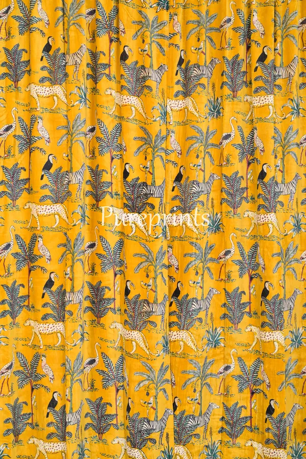 Vintage_Style_Cotton_Velvet_Curtain:_Mustard_Yellow_Jungle_Print_Drapes