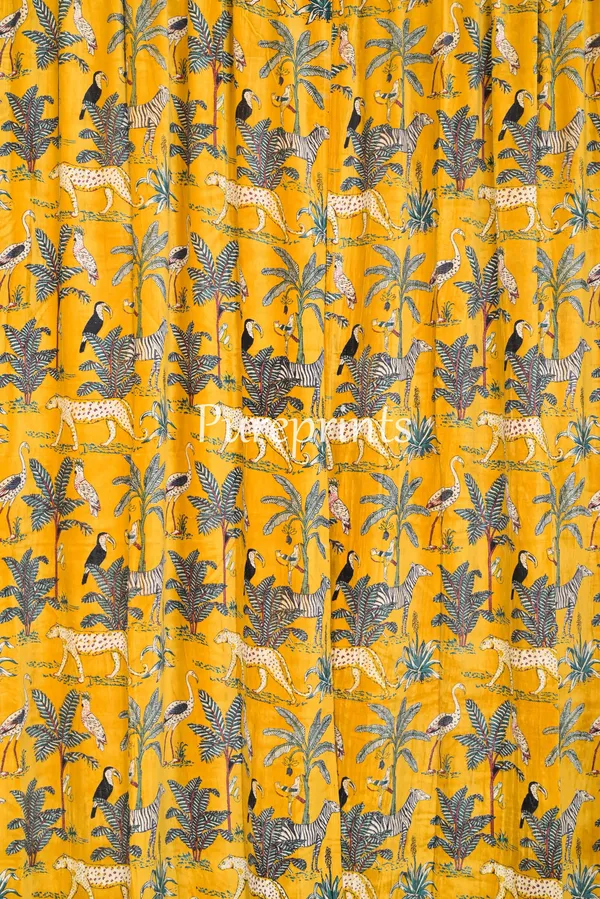 Vintage_Style_Cotton_Velvet_Curtain:_Mustard_Yellow_Jungle_Print_Drapes