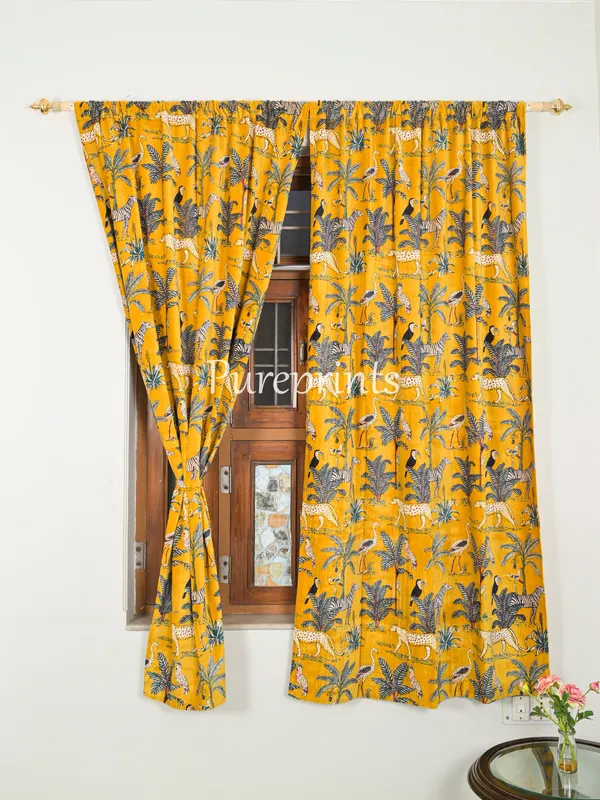 Vintage_Style_Cotton_Velvet_Curtain:_Mustard_Yellow_Jungle_Print_Drapes