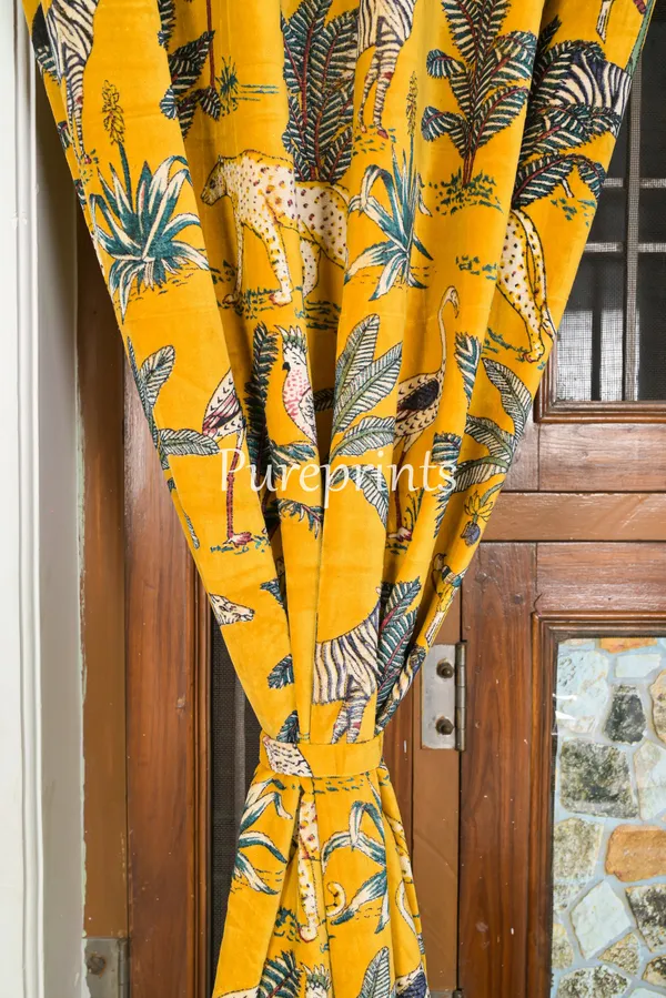 Vintage_Style_Cotton_Velvet_Curtain:_Mustard_Yellow_Jungle_Print_Drapes