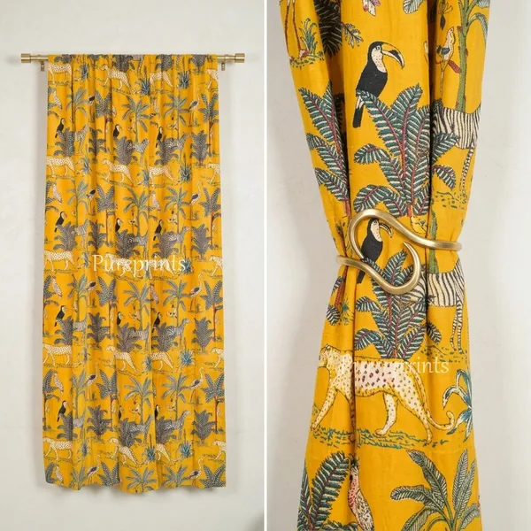 Vintage_Style_Cotton_Velvet_Curtain:_Mustard_Yellow_Jungle_Print_Drapes