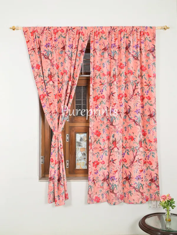 Vintage_Cotton_Velvet_Curtain,_Peach_Pink_Bird_Print_Drapes,_Boho_Decor