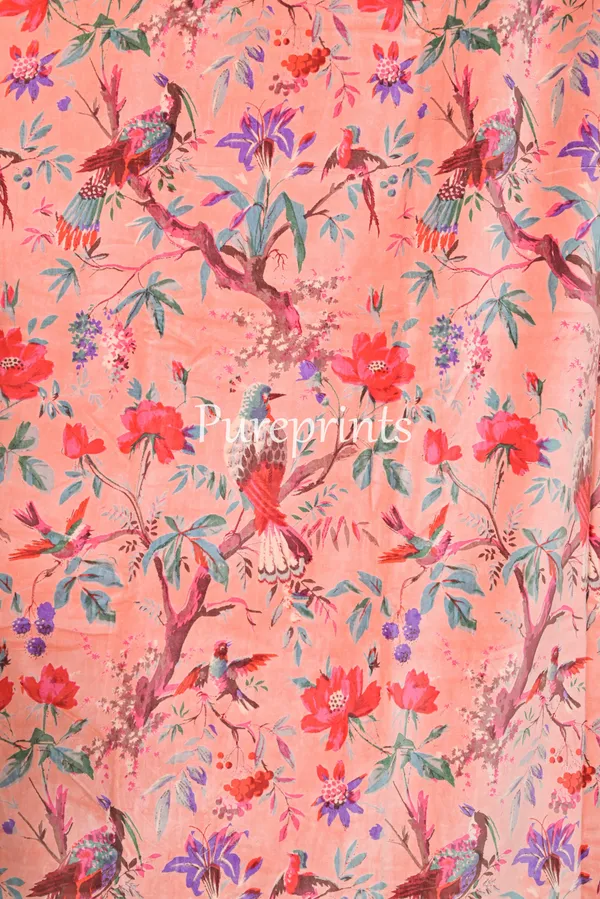 Vintage_Cotton_Velvet_Curtain,_Peach_Pink_Bird_Print_Drapes,_Boho_Decor