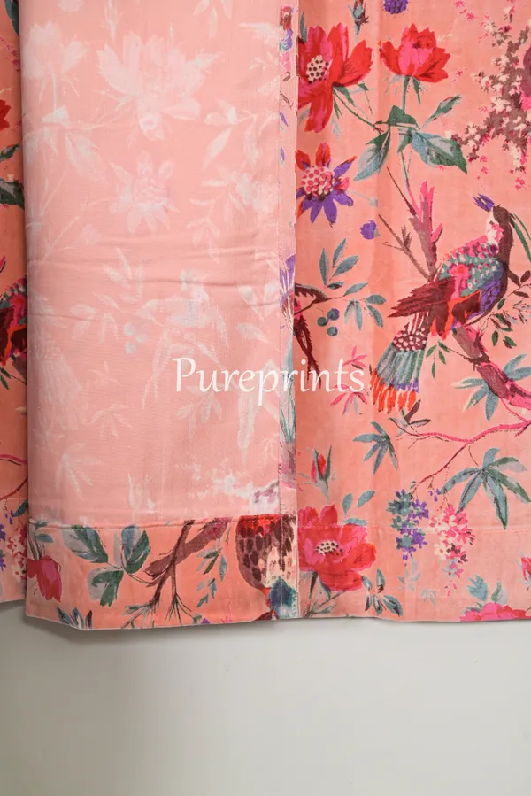 Vintage_Cotton_Velvet_Curtain,_Peach_Pink_Bird_Print_Drapes,_Boho_Decor