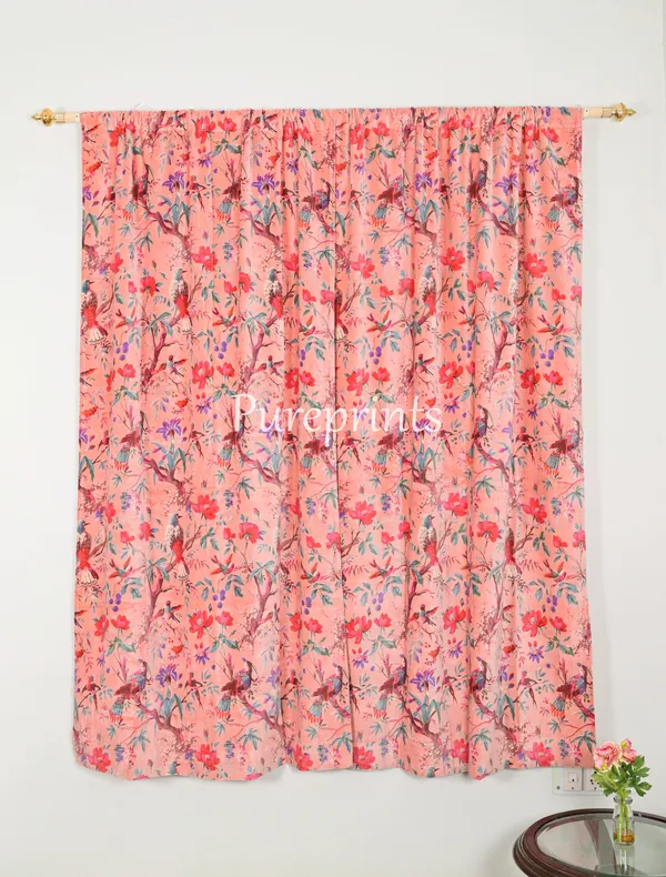 Vintage_Cotton_Velvet_Curtain,_Peach_Pink_Bird_Print_Drapes,_Boho_Decor