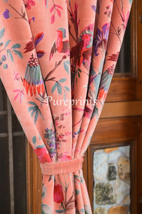 Vintage_Cotton_Velvet_Curtain,_Peach_Pink_Bird_Print_Drapes,_Boho_Decor