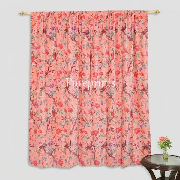 Vintage_Cotton_Velvet_Curtain,_Peach_Pink_Bird_Print_Drapes,_Boho_Decor