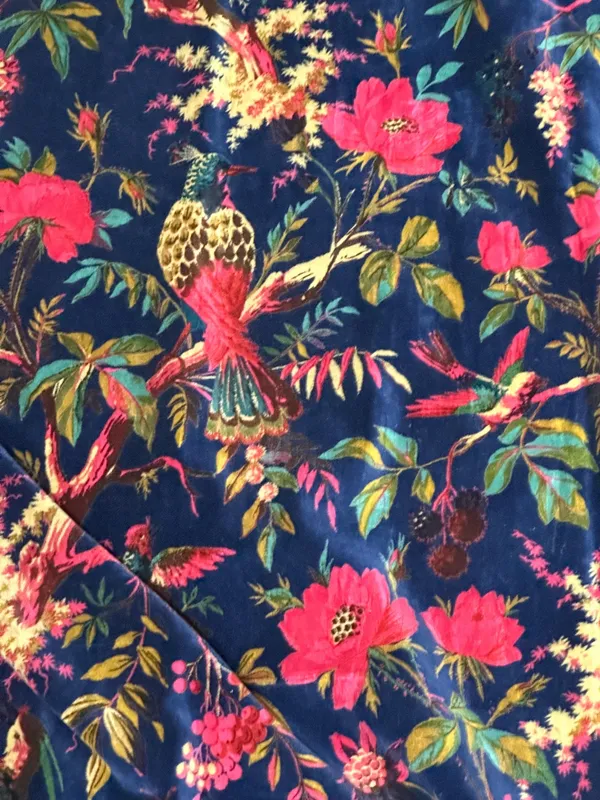Hand_Printed_Cotton_Velvet_Fabric:_Bird_Print,_Blue_Upholstery