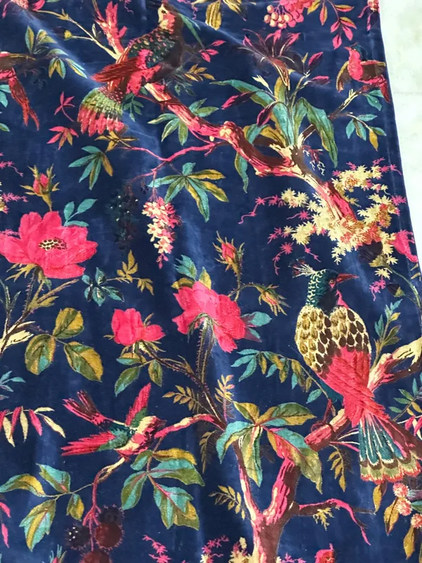 Hand_Printed_Cotton_Velvet_Fabric:_Bird_Print,_Blue_Upholstery