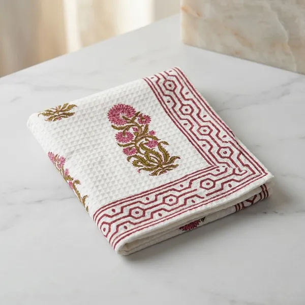 Hand_Block_Print_Organic_Cotton_Waffle_Towel_Set:_Bath_&_Hand_Towels