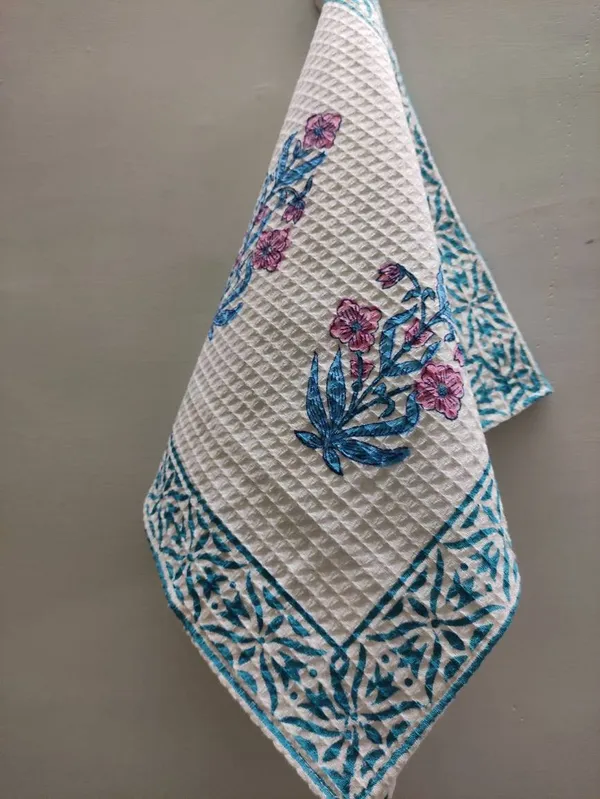 Hand_Block_Print_Organic_Cotton_Towel_Set:_Waffle_Weave,_Floral_Design