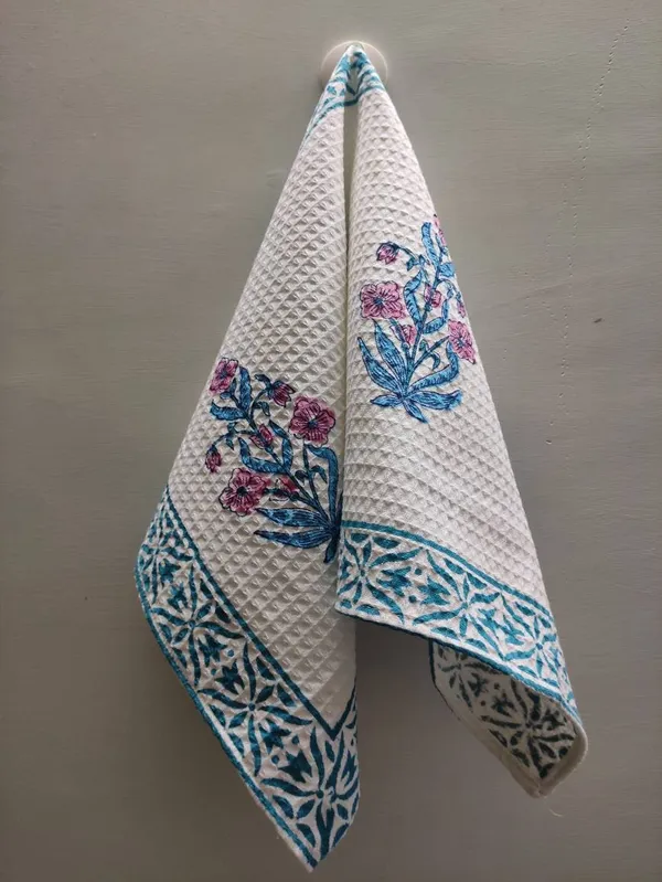 Hand_Block_Print_Organic_Cotton_Towel_Set:_Waffle_Weave,_Floral_Design