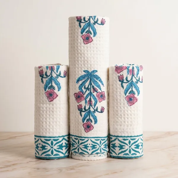 Hand_Block_Print_Organic_Cotton_Towel_Set:_Waffle_Weave,_Floral_Design