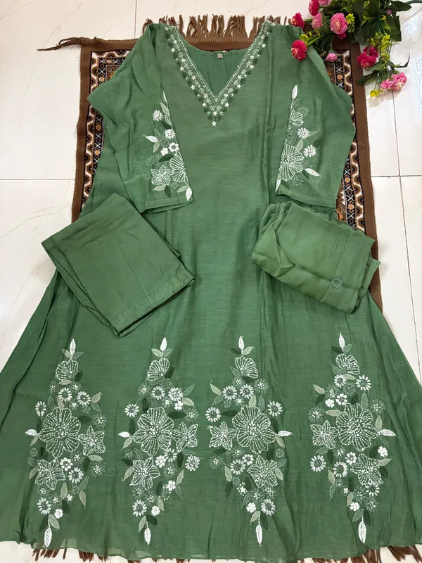 Olive_Green_Mul_Chanderi_3_Piece_Set_For_Women