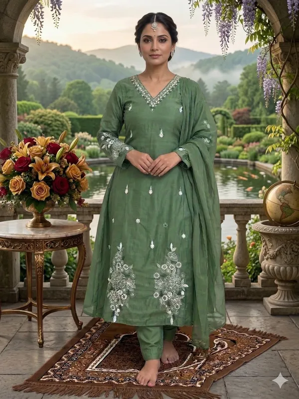 Olive_Green_Mul_Chanderi_3_Piece_Set_For_Women