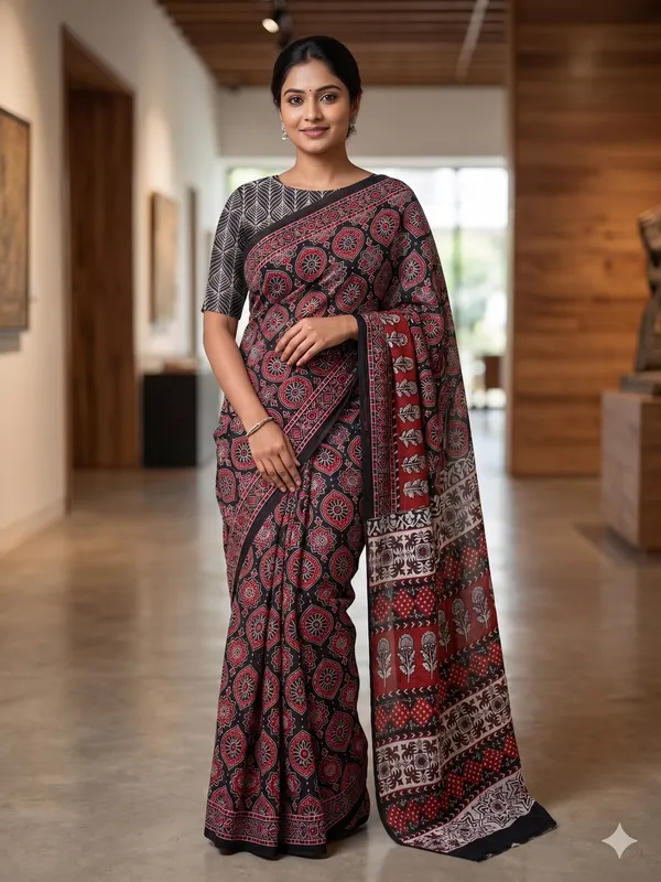 Traditional_Ajrak_Pure_Cotton_Saree_With_Unstitched_Blouse