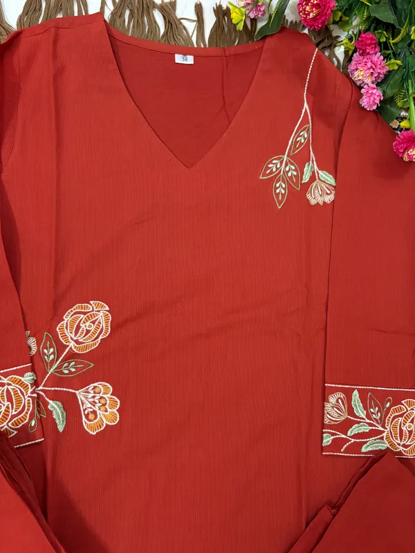 Rust_Colour_Cotton_Stiched_3_Piece_Suit_Set_For_Women