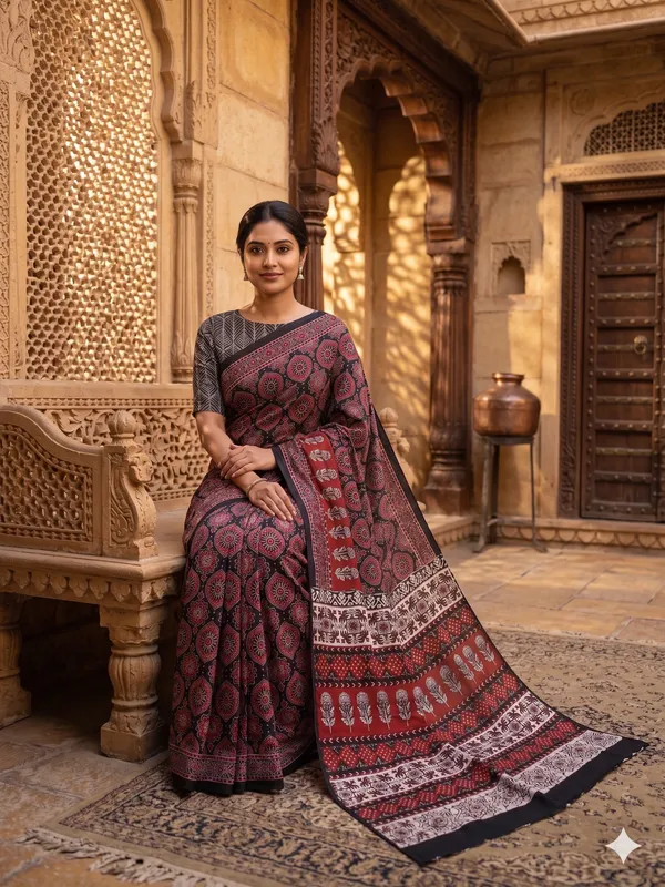 Traditional_Ajrak_Pure_Cotton_Saree_With_Unstitched_Blouse