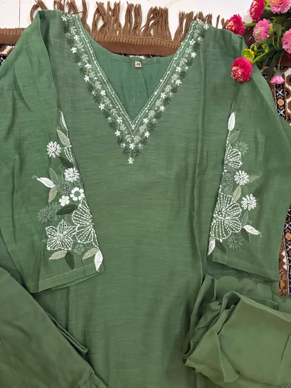 Olive_Green_Mul_Chanderi_3_Piece_Set_For_Women