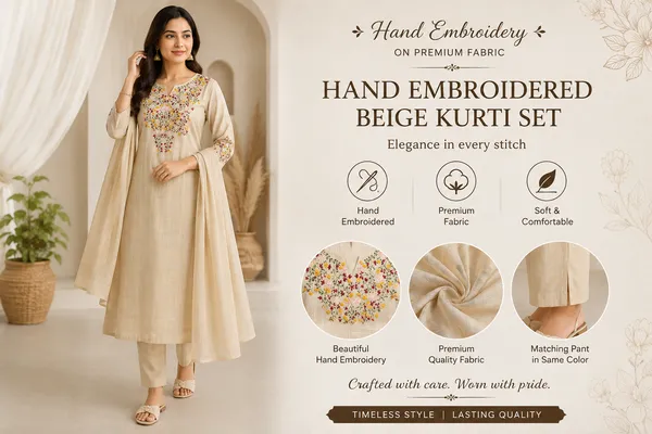 Tussar_fabric_3_piece_stiched_kurti_hand_embroidery_set