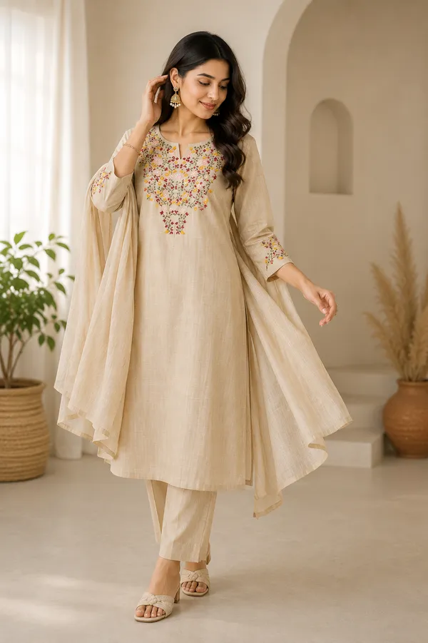 Tussar_fabric_3_piece_stiched_kurti_hand_embroidery_set