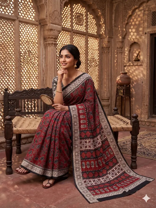 Traditional_Ajrak_Pure_Cotton_Saree_With_Unstitched_Blouse