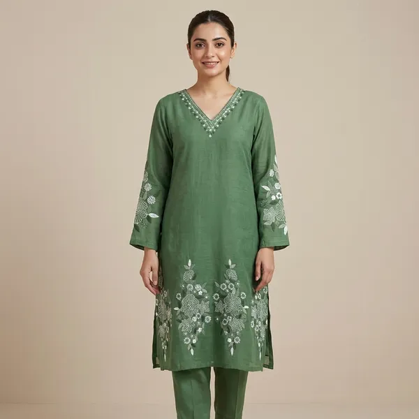 Olive_Green_Mul_Chanderi_3_Piece_Set_For_Women