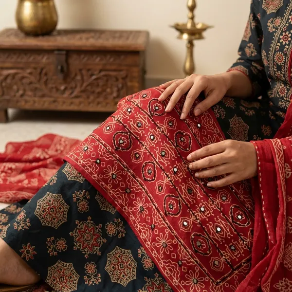 Red_And_Black_Colour_Cotton_Unstitched_Ajrak_Print_Suit_With_Dupatta_For_Women