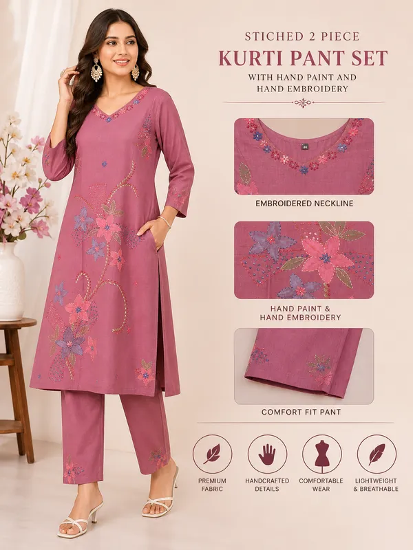 Stiched_2_Piece_Onion_Color_Kurti_Pant_Set_With_Hand_Paint_And_Hand_Embroidery