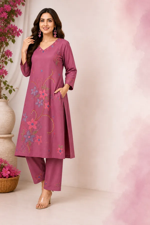 Stiched_2_Piece_Onion_Color_Kurti_Pant_Set_With_Hand_Paint_And_Hand_Embroidery