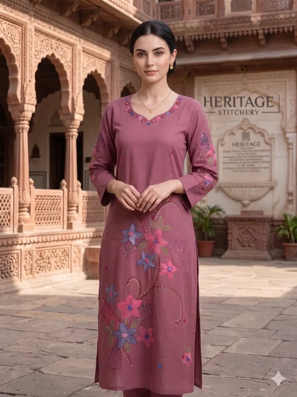 Stiched_2_Piece_Onion_Color_Kurti_Pant_Set_With_Hand_Paint_And_Hand_Embroidery