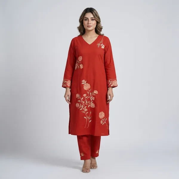 Rust_Colour_Cotton_Stiched_3_Piece_Suit_Set_For_Women