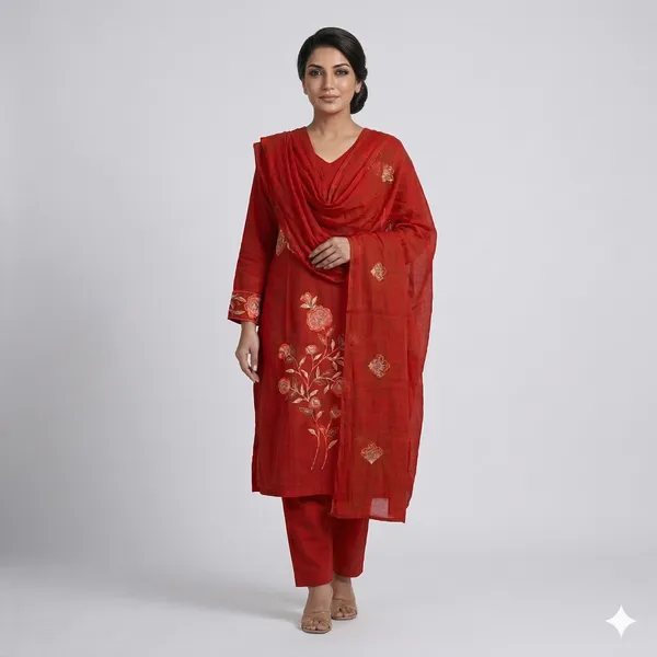 Rust_Colour_Cotton_Stiched_3_Piece_Suit_Set_For_Women