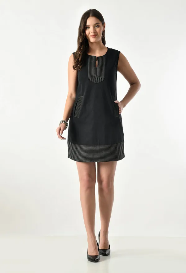 Denim_Blue_And_Black_Sleeveless_Denim_Mini_Shift_Dress_For_Women