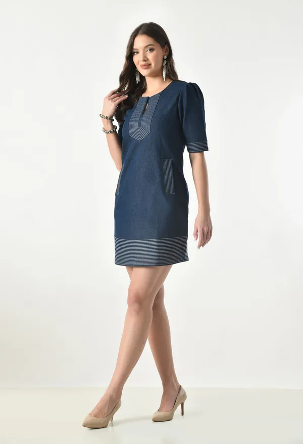 Blue_Shift_Dress_With_Puff_Sleeves_And_Contrast_Stitch_For_Women