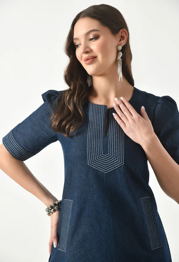 Blue_Shift_Dress_With_Puff_Sleeves_And_Contrast_Stitch_For_Women