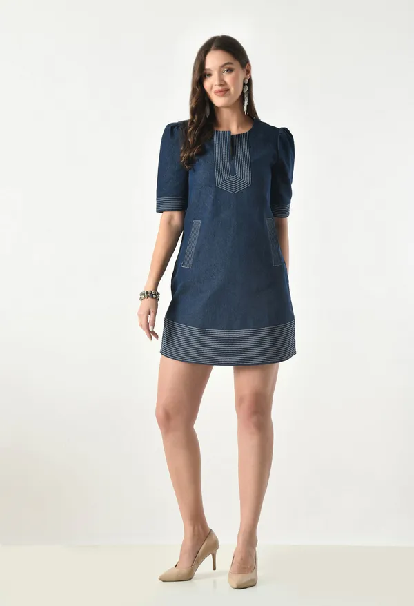 Blue_Shift_Dress_With_Puff_Sleeves_And_Contrast_Stitch_For_Women