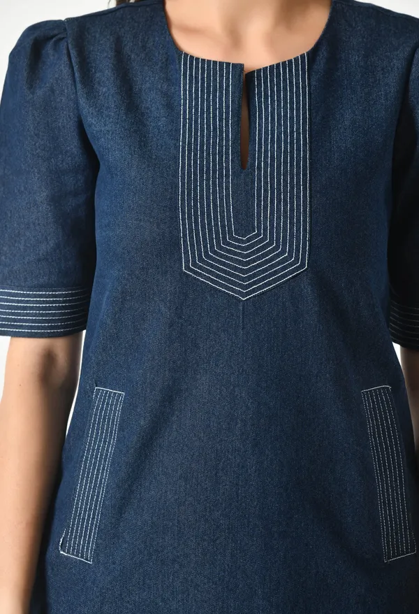 Blue_Shift_Dress_With_Puff_Sleeves_And_Contrast_Stitch_For_Women