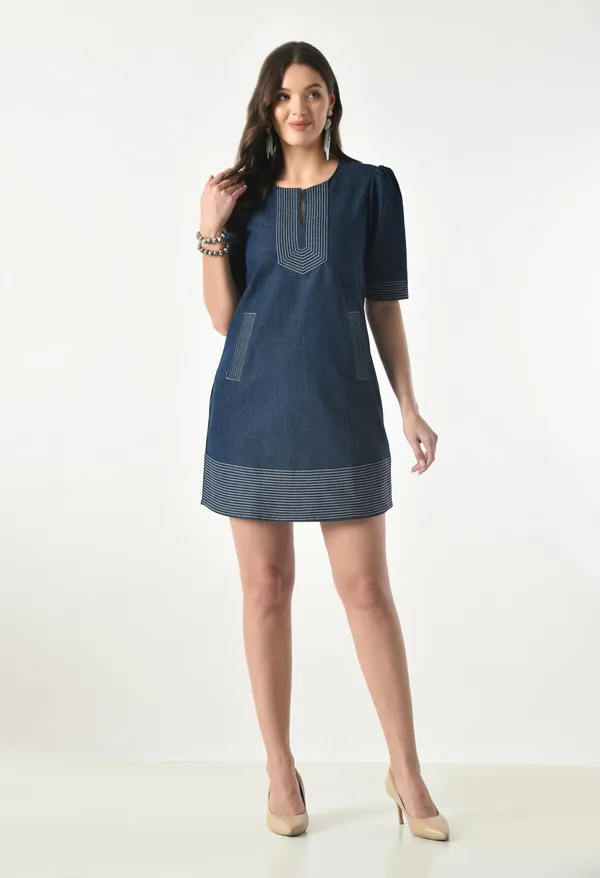Blue_Shift_Dress_With_Puff_Sleeves_And_Contrast_Stitch_For_Women